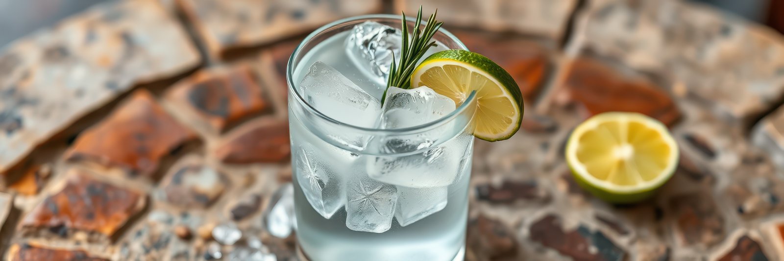 Refreshing cocktail with lime and ice on a rustic stone surface in a sunny outdoor setting